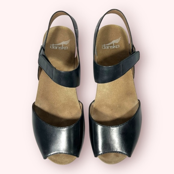 Dansko Vera Peep Toe Ankle Strap Leather Cork Wedge Sandals Womens Size 37 Black - Picture 3 of 8